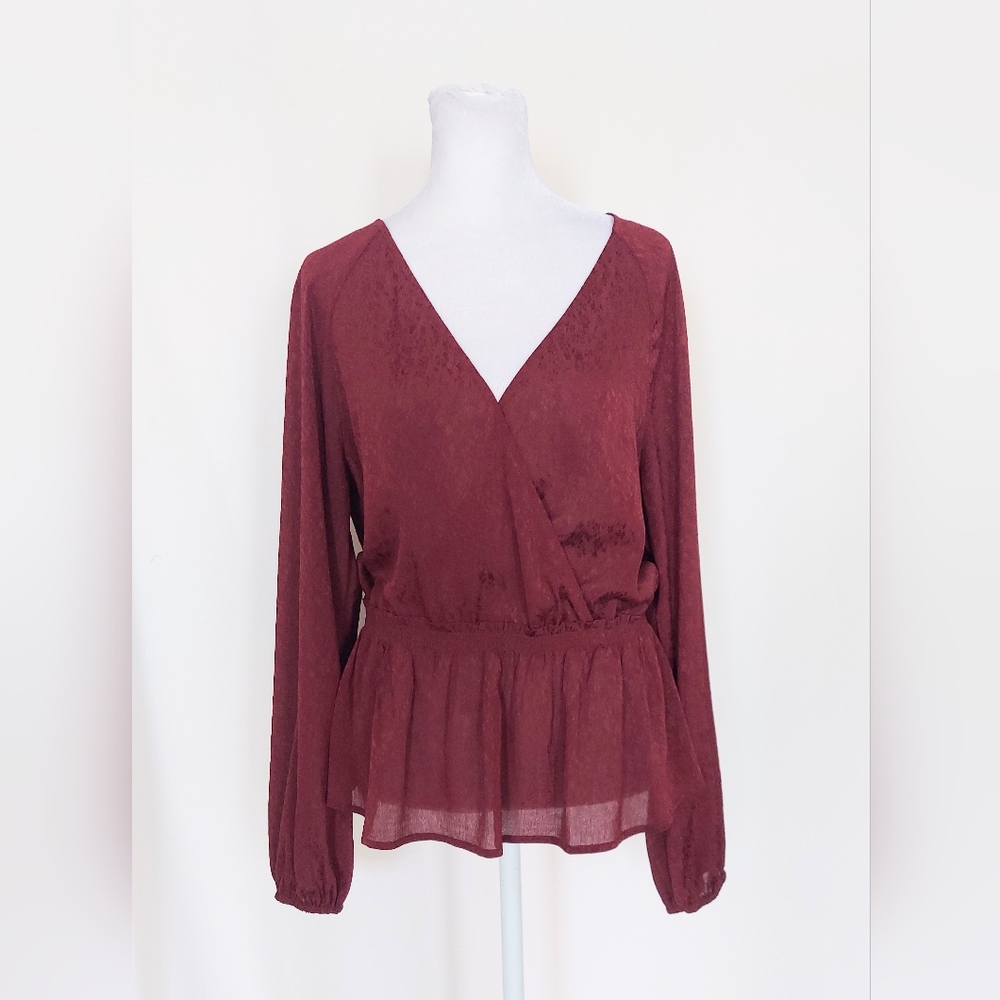 Leith Long Sleeve Surplice Peplum Blouse Maroon Red Womens Medium